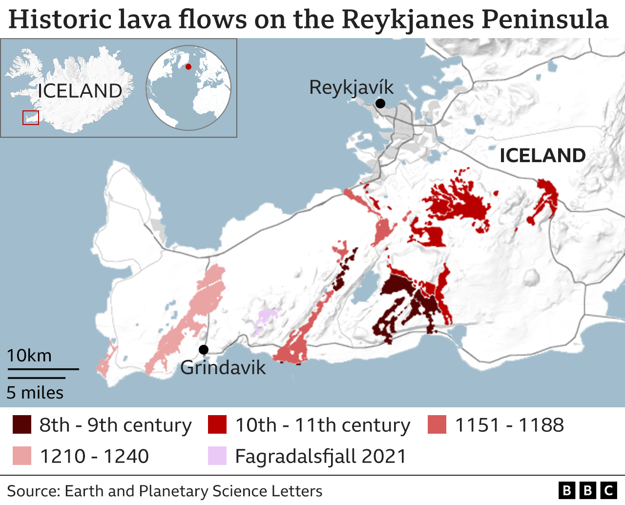 A BBC graphic titled "historic lava flows on the Reykjanes peninsula", illustrating how many flows here date back as far as the 8th Century
